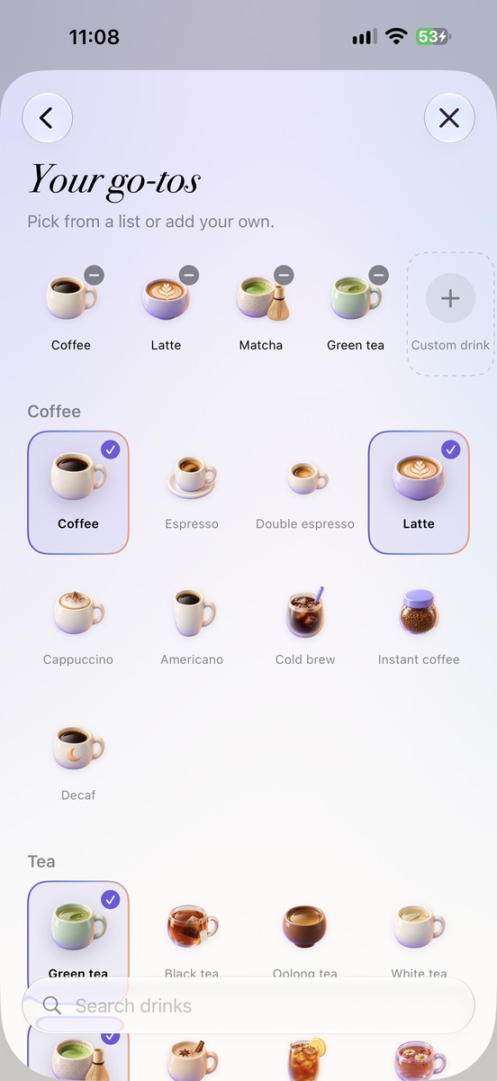 Another Cup? go-to drinks: choose coffee and tea favorites or add a custom drink