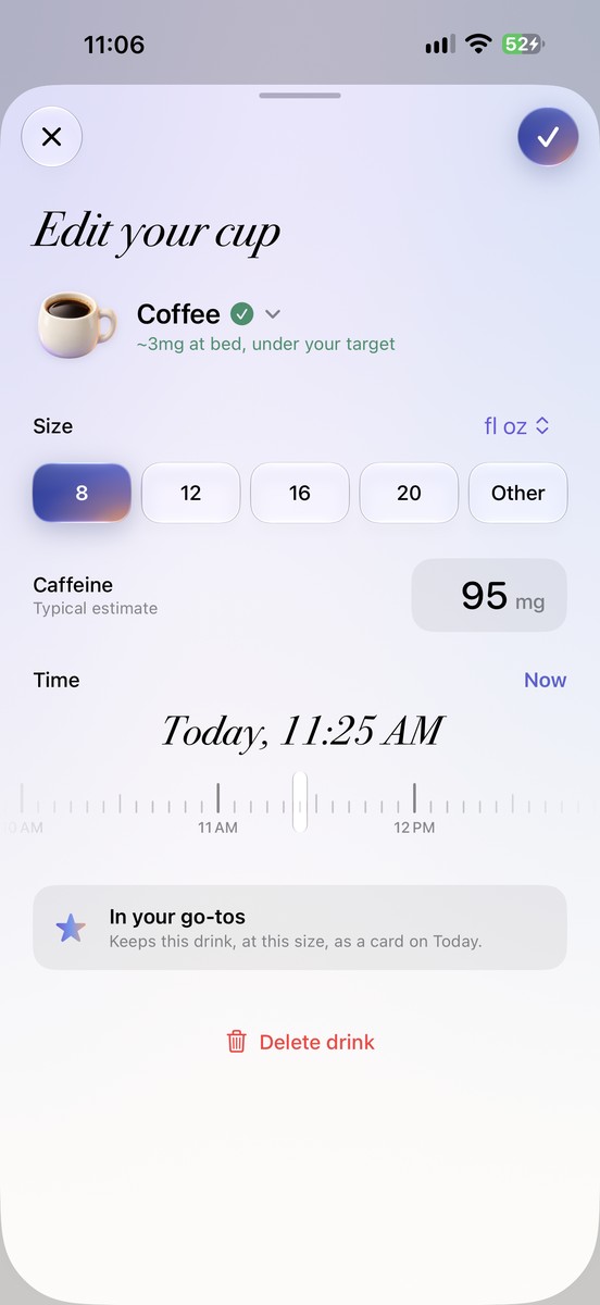 Another Cup? drink editor: adjust a coffee's size, estimated caffeine, and time