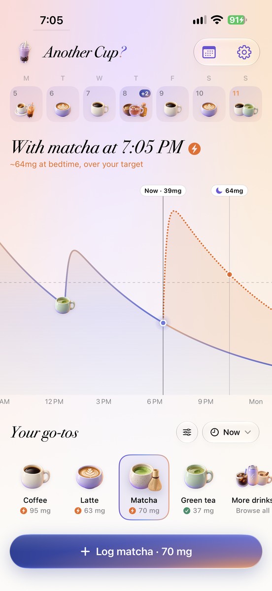 Another Cup? home: your recent drinks, a matcha preview, and estimated caffeine through bedtime