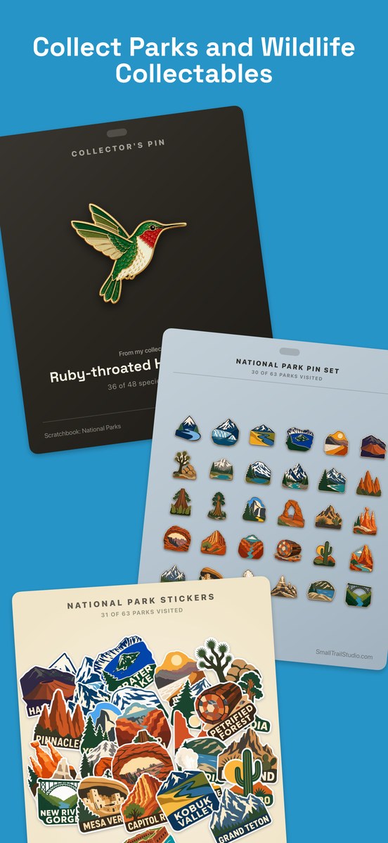 Scratchbook: Collect parks and wildlife collectables, with a hummingbird pin, a park pin set, and park stickers