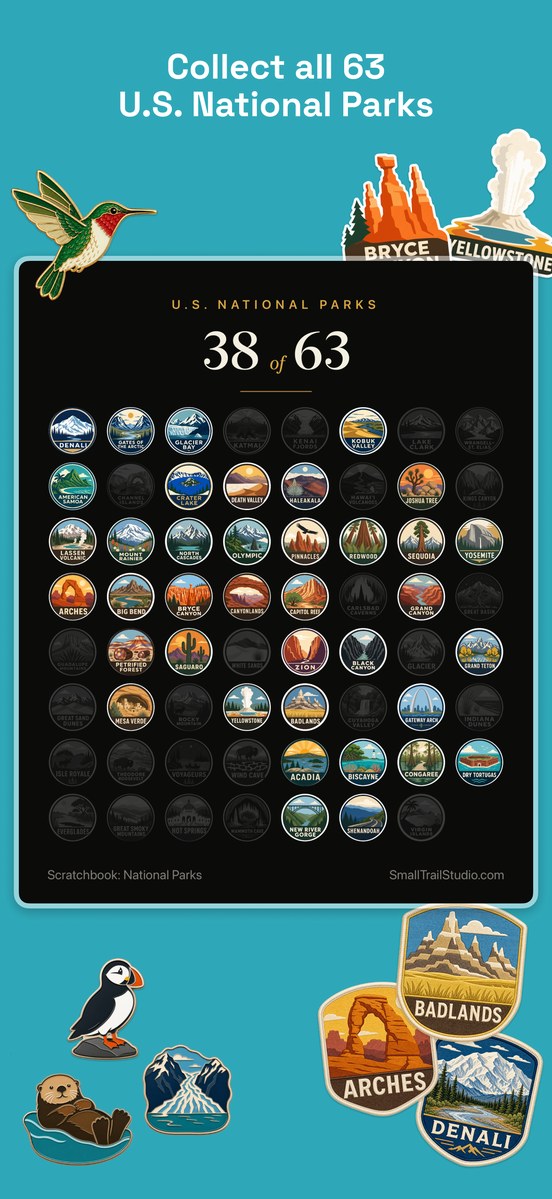 Scratchbook: Collect all 63 U.S. National Parks, with a park poster, wildlife pins, and embroidered patches