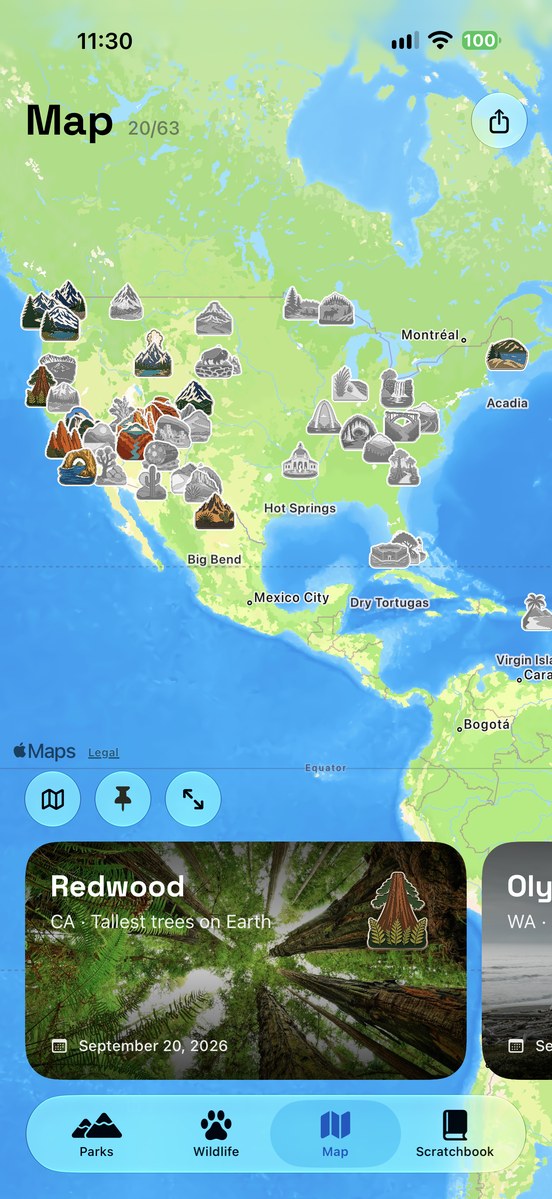 Scratchbook: national park map with collectible markers and a Redwood visit