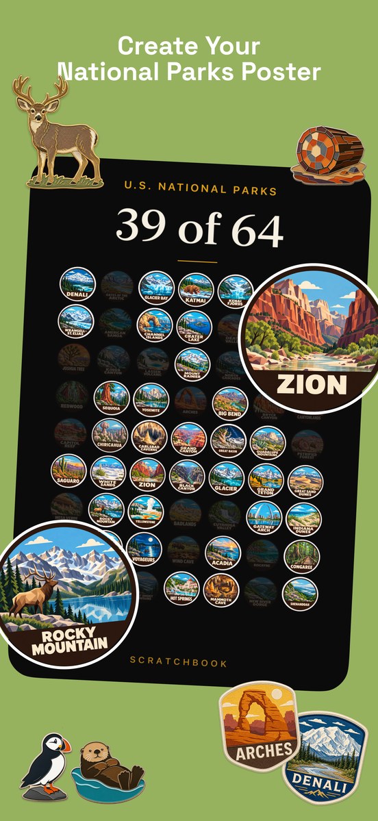 Scratchbook: Create your National Parks poster, with 39 of 64 park badges collected