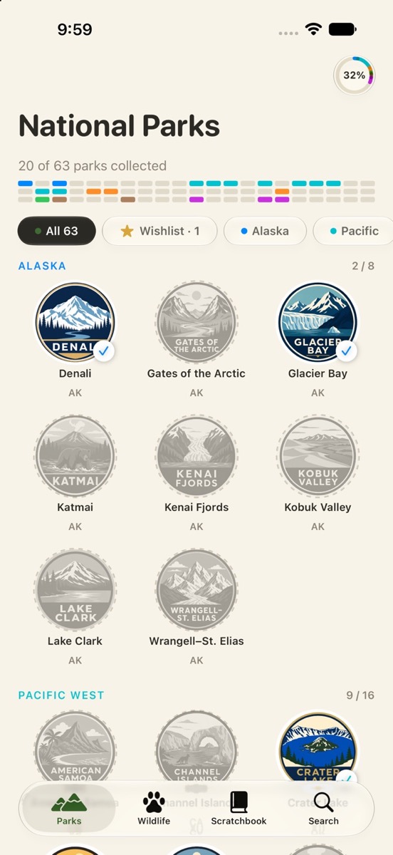 Scratchbook screenshot: the national parks grid with collected scratch-off badges