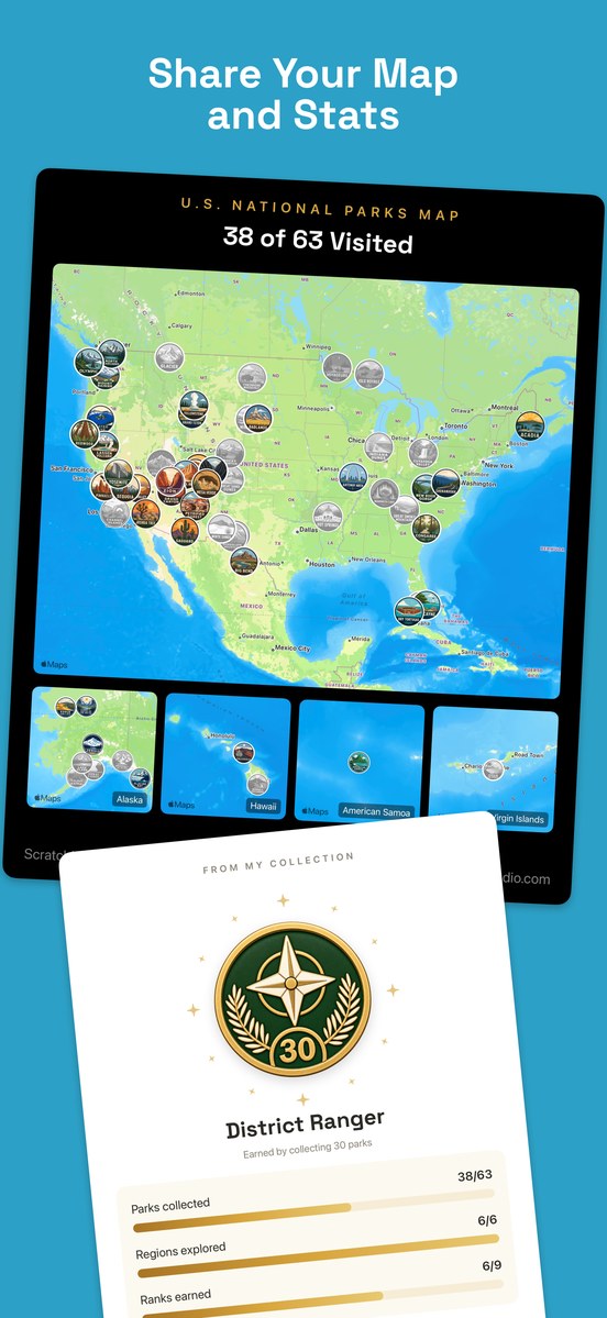 Scratchbook: Share your park map, collection statistics, and District Ranger rank card