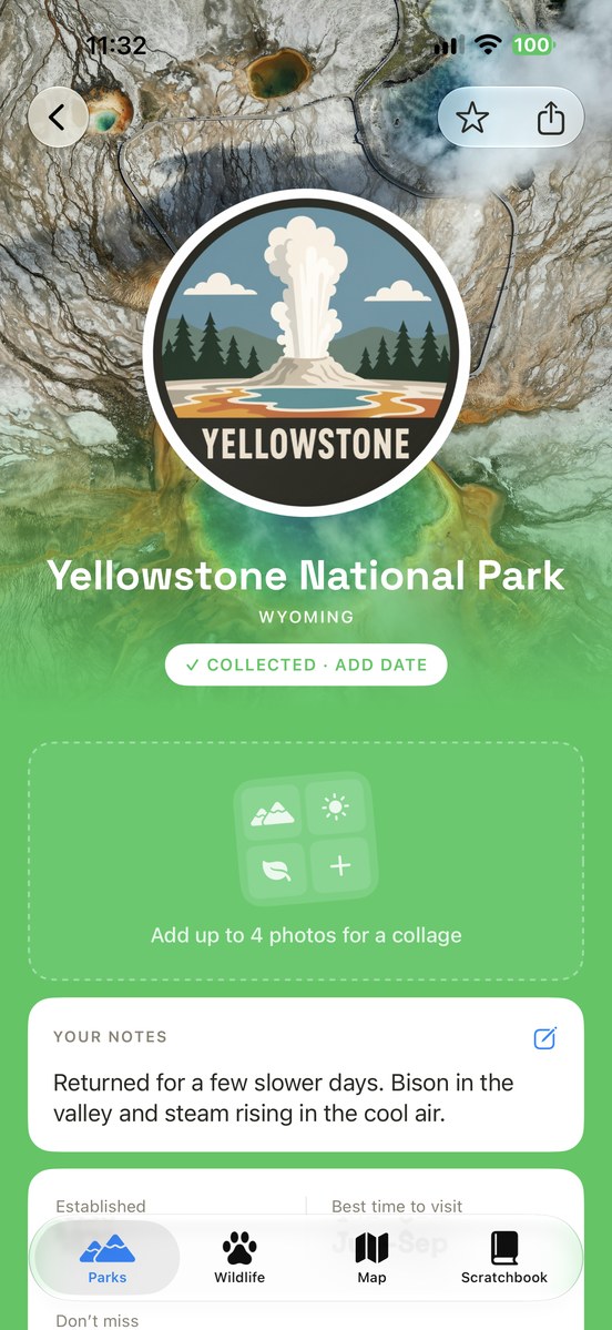 Scratchbook: collected Yellowstone badge with a photo area and visit notes