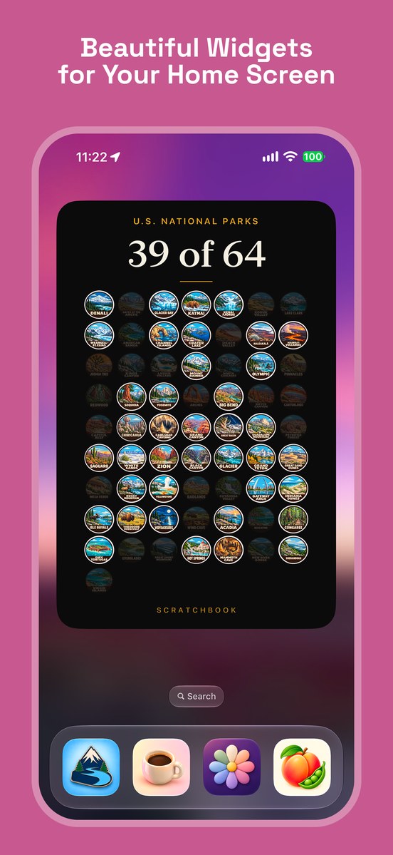 Scratchbook: Home Screen collection poster widget with 39 of 64 park badges collected