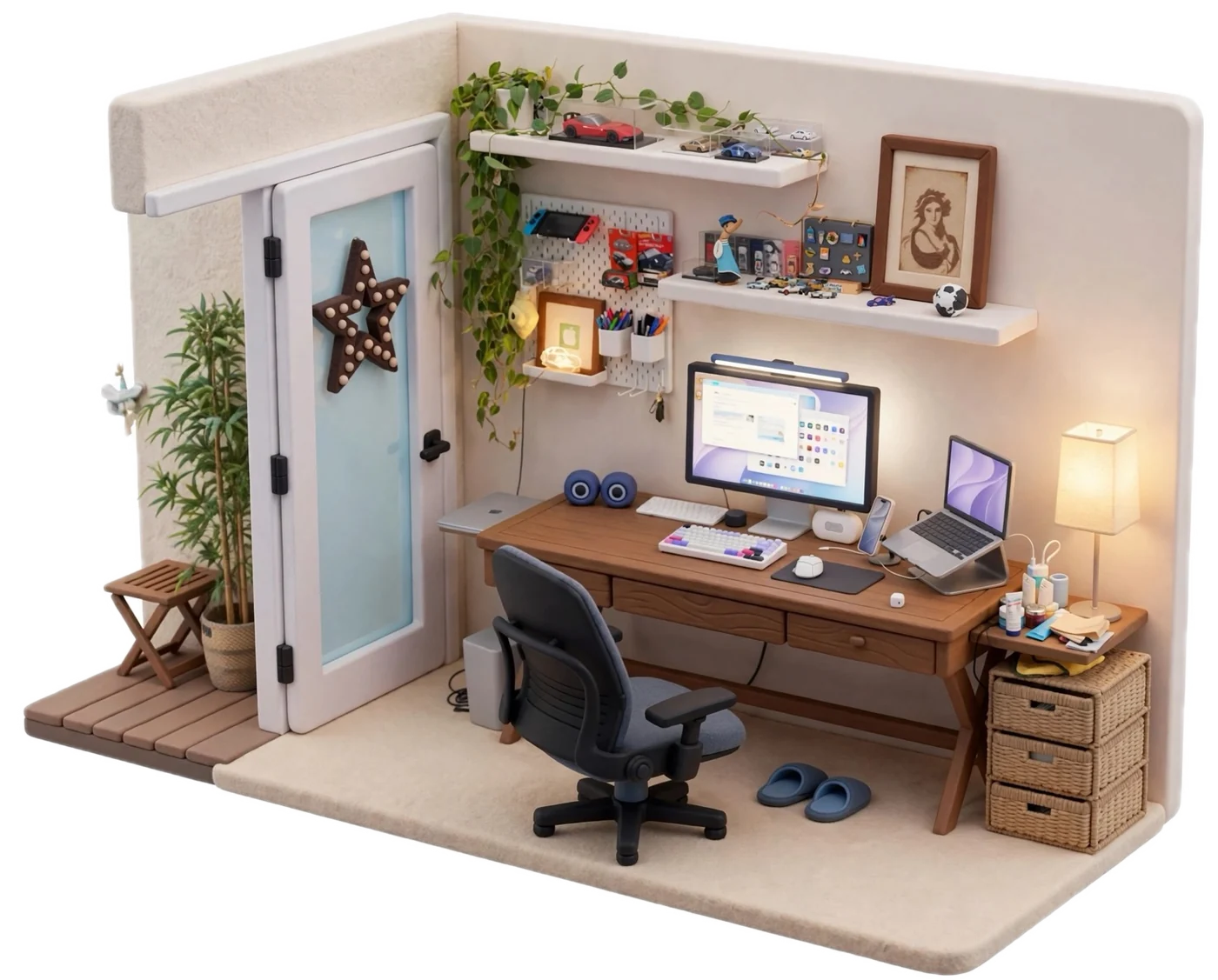 Isometric render of Larry's desk in daylight: a wooden desk with a monitor, laptop, mechanical keyboard, shelves of model cars and trinkets, and plants